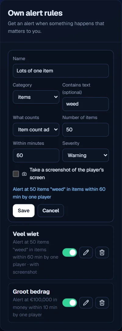 Own alert rules that add up items or money