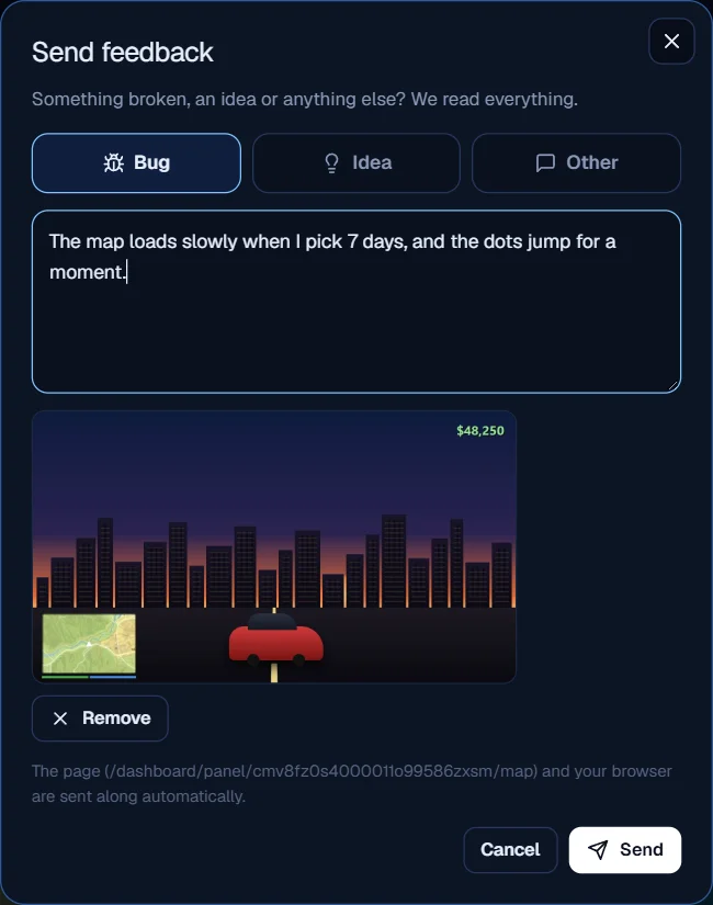 Feedback with a screenshot, the page is sent along by itself