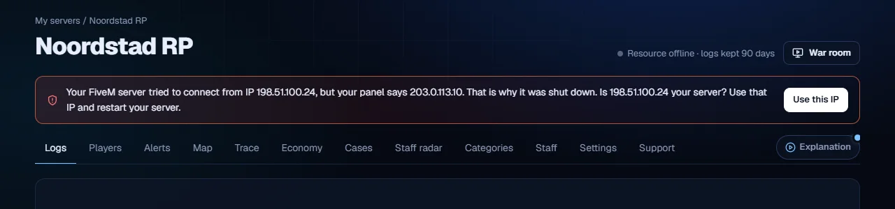 Your panel shows which IP your server tried from