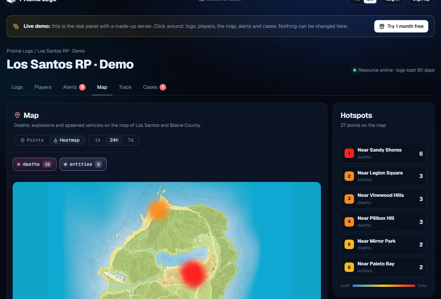 Heatmap of the demo server on the real map