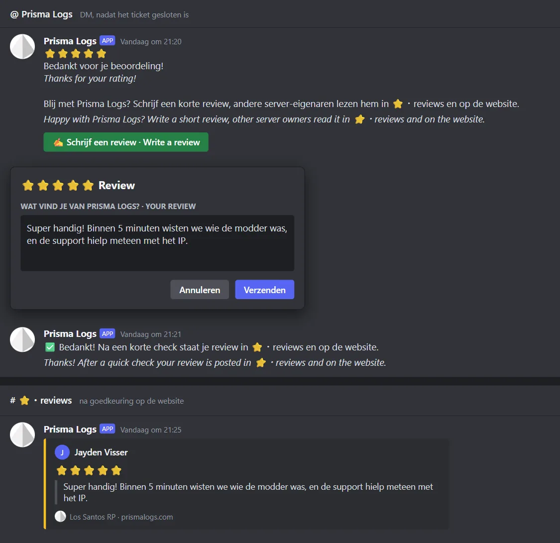 New: write a review after 4 or 5 stars, it goes in ⭐・reviews